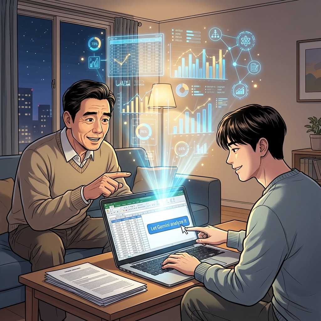 AI로 데이터 분석 중인 아들과 아버지